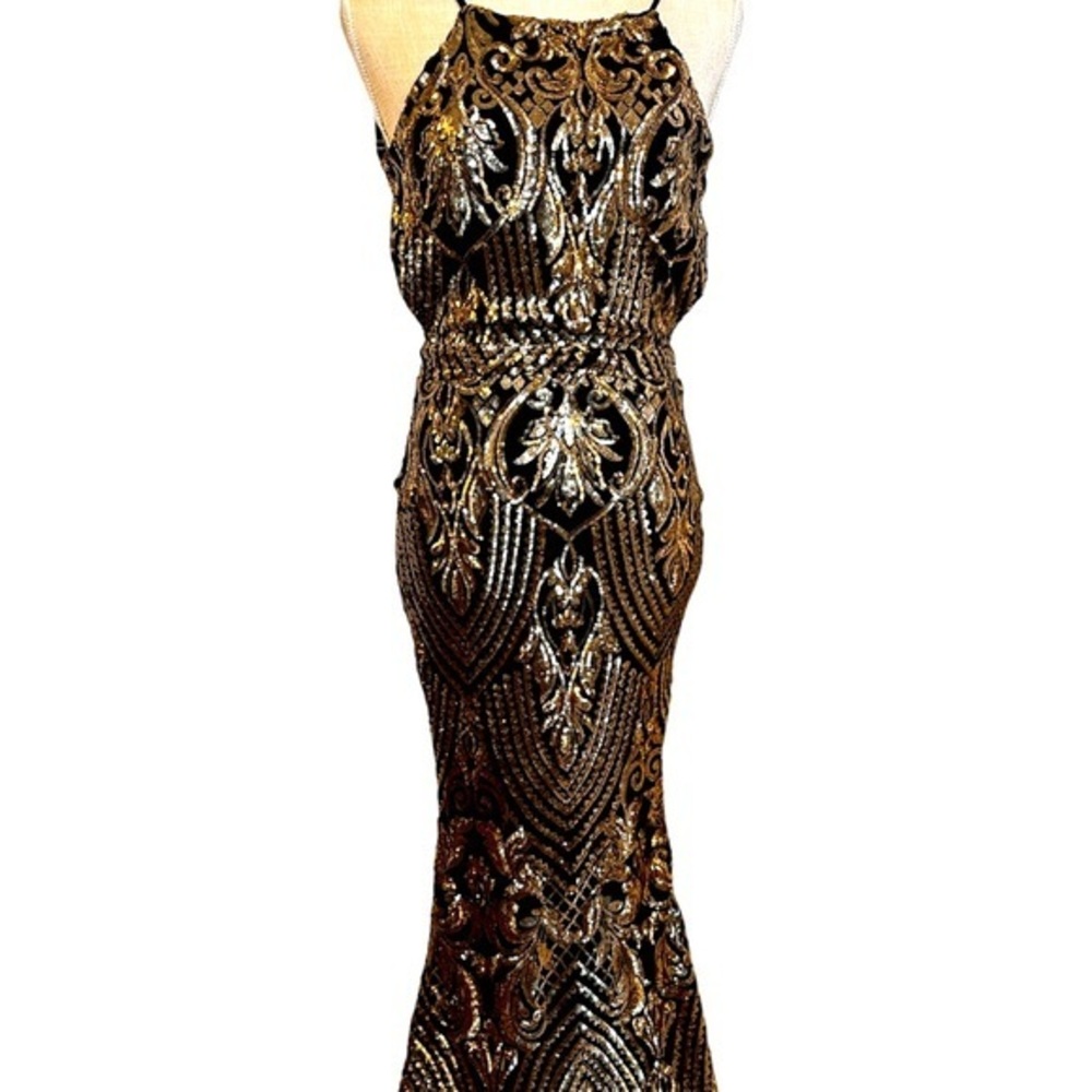Gorgeous Windsor beaded metallic maxi spaghetti straps black‎ with gold stretchy